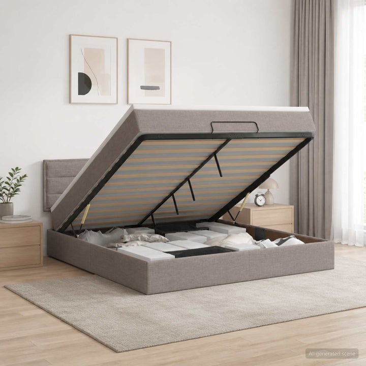 Ottoman seng med madras og LED Gråbrun 140 x 200 cm Stof
