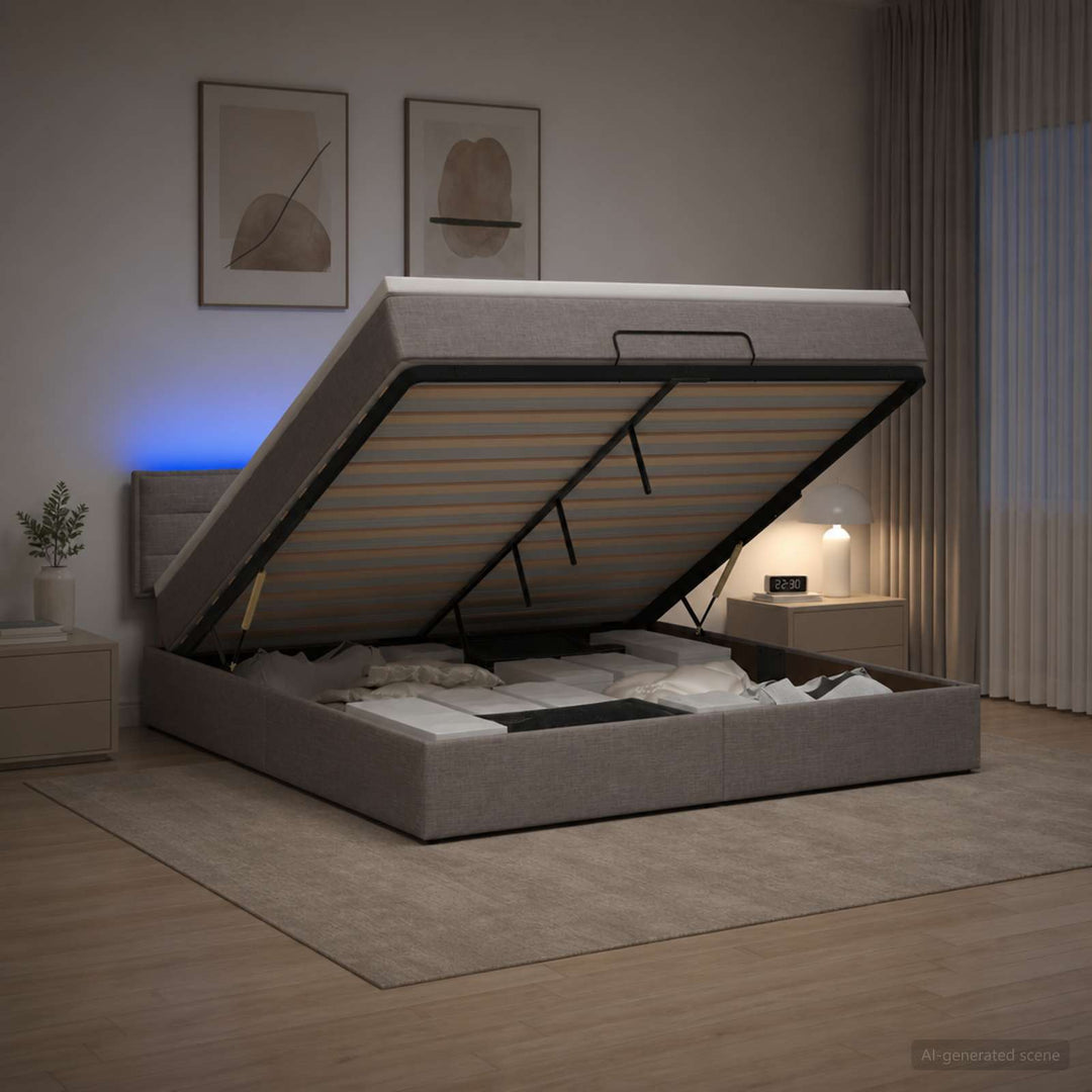 Ottoman seng med madras og LED Gråbrun 140 x 200 cm Stof