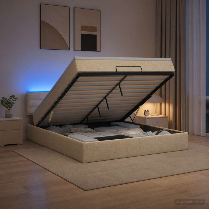 Ottoman seng med madras og LED Cremefarvet 180 x 200 cm Stof