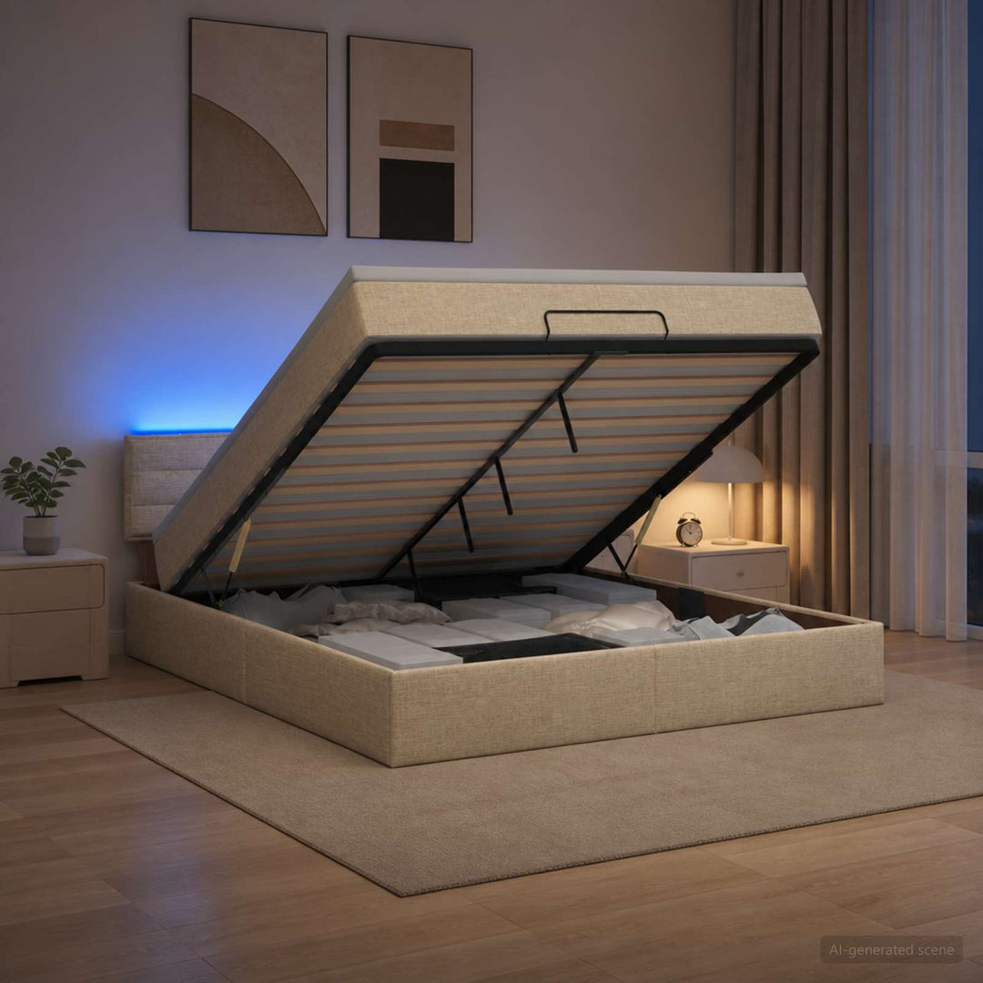 Ottoman seng med madras og LED Cremefarvet 140 x 190 cm Stof