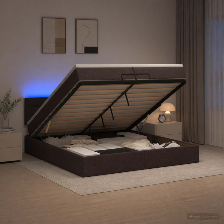 Ottoman seng med madras og LED Mørk Brun 200 x 200 cm Stof