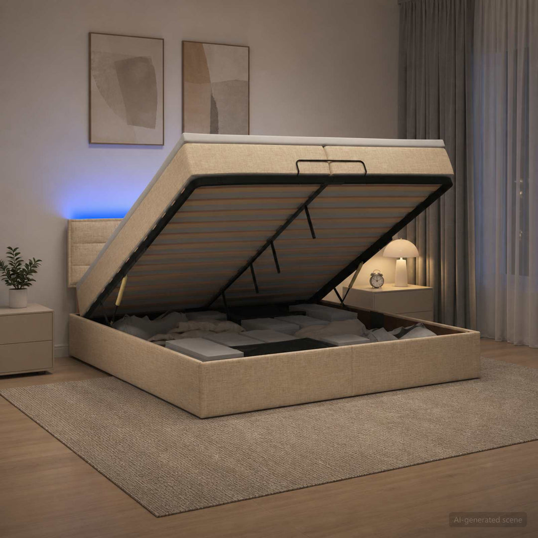 Ottoman seng med madras og LED Cremefarvet 200 x 200 cm Stof