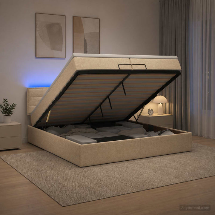 Ottoman seng med madras og LED Cremefarvet 200 x 200 cm Stof