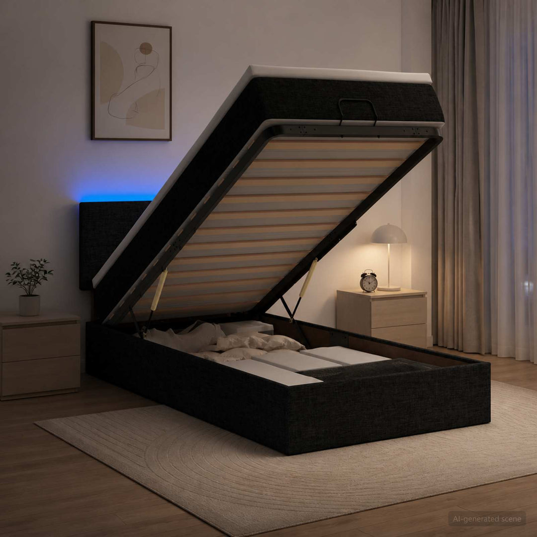Ottoman seng med madras og LED Sort 100 x 200 cm Stof