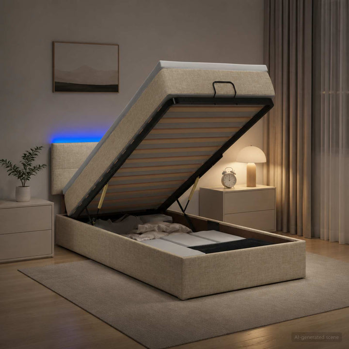 Ottoman seng med madras og LED Cremefarvet 100 x 200 cm Stof