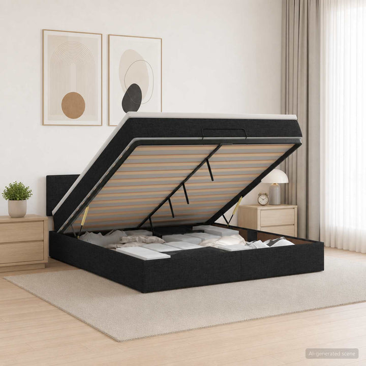 Ottoman seng med madras og LED Sort 180 x 200 cm Stof