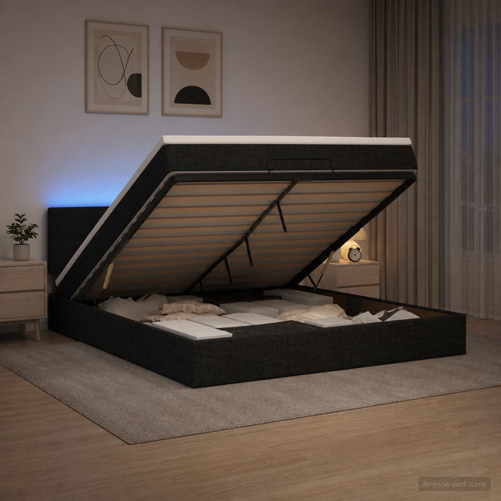 Ottoman seng med madras og LED Sort 180 x 200 cm Stof