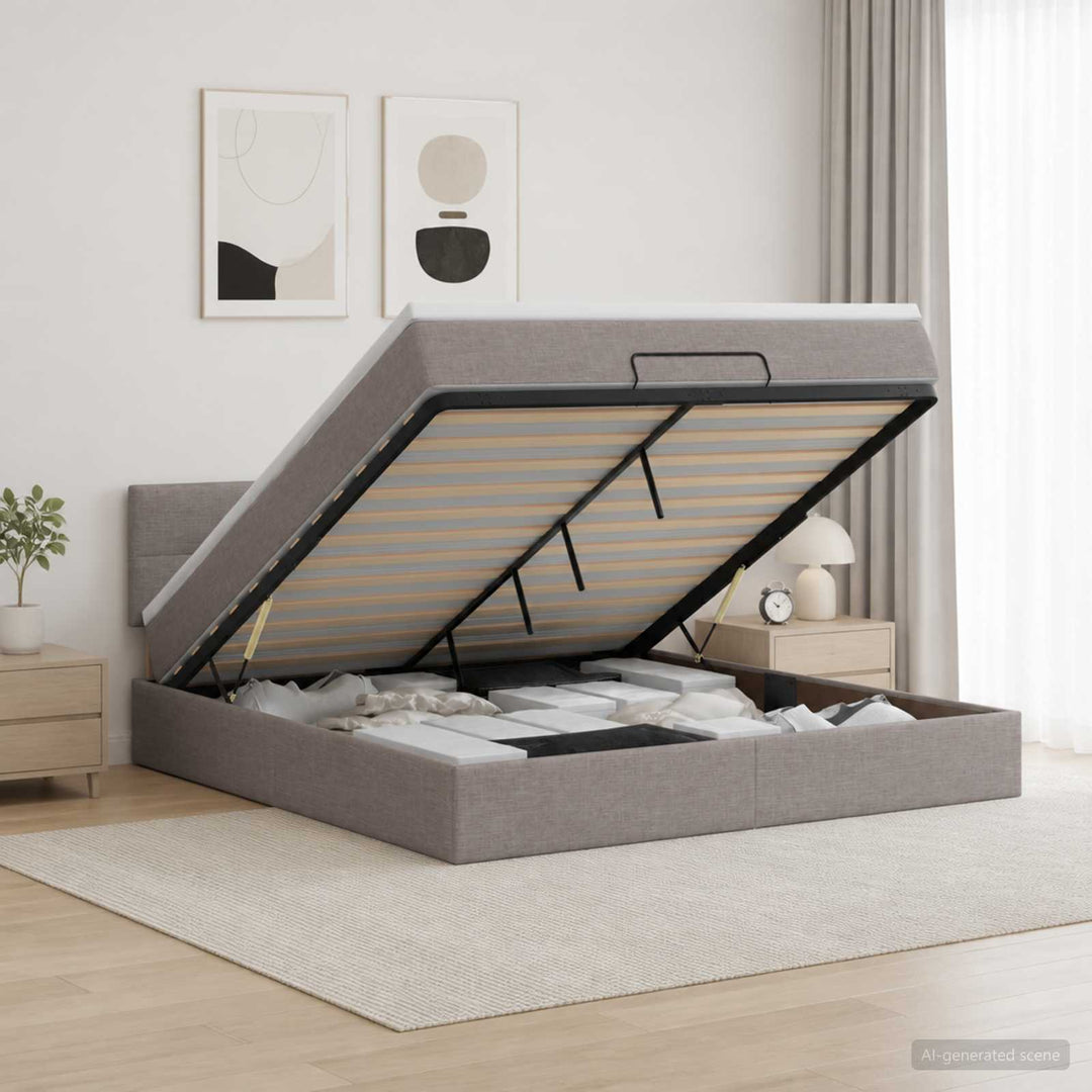 Ottoman seng med madras og LED Gråbrun 180 x 200 cm Stof
