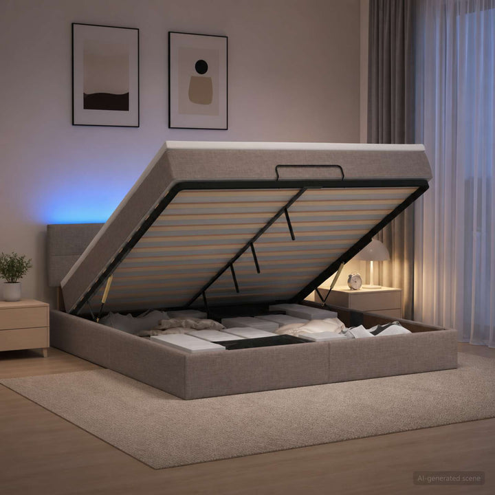 Ottoman seng med madras og LED Gråbrun 180 x 200 cm Stof