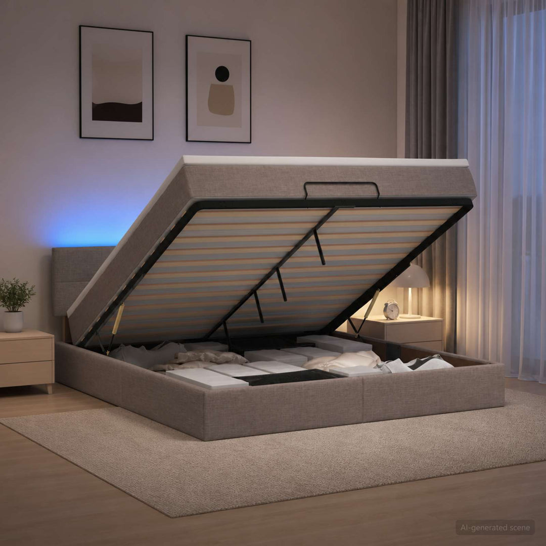 Ottoman seng med madras og LED Gråbrun 140 x 200 cm Stof