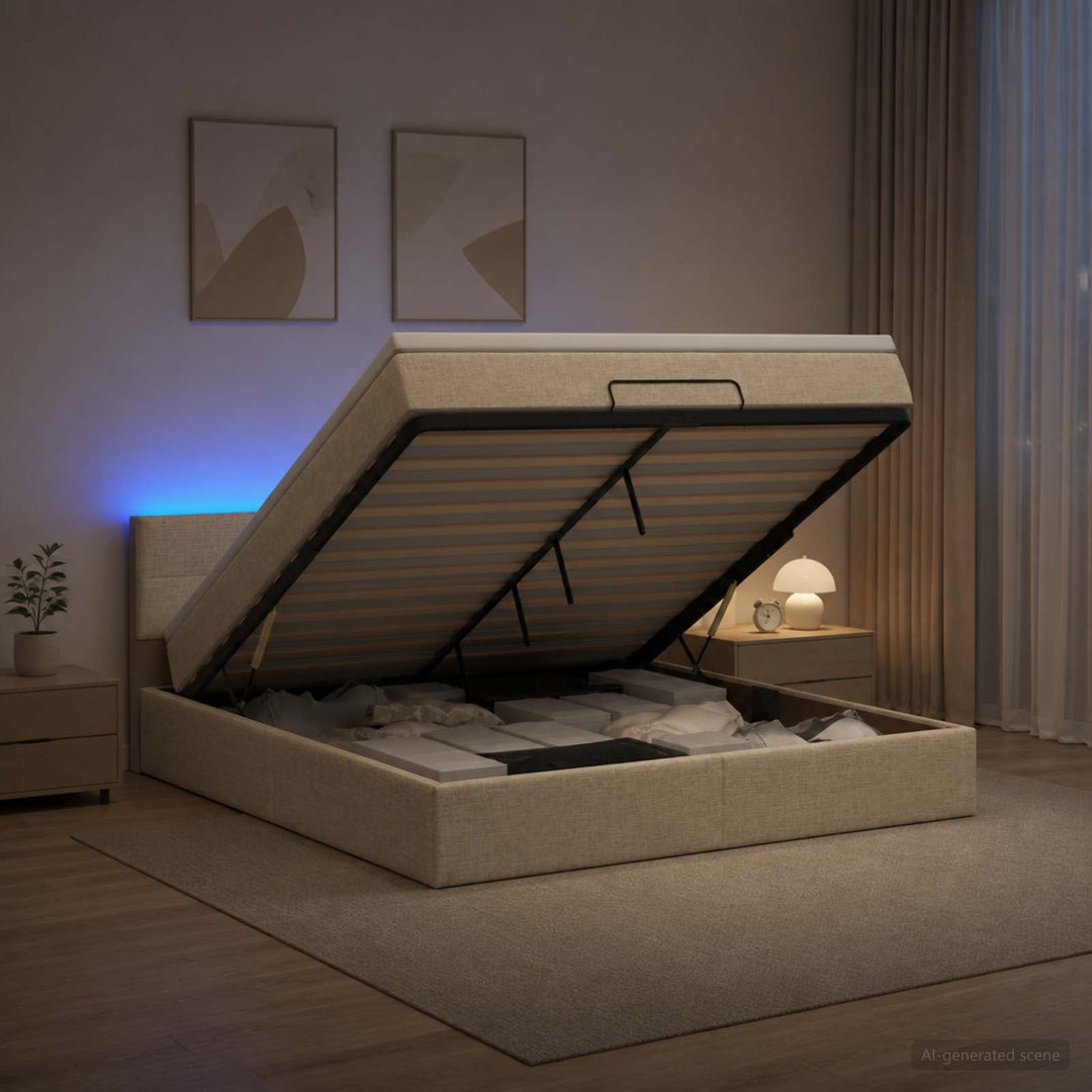 Ottoman seng med madras og LED Cremefarvet 160 x 200 cm Stof