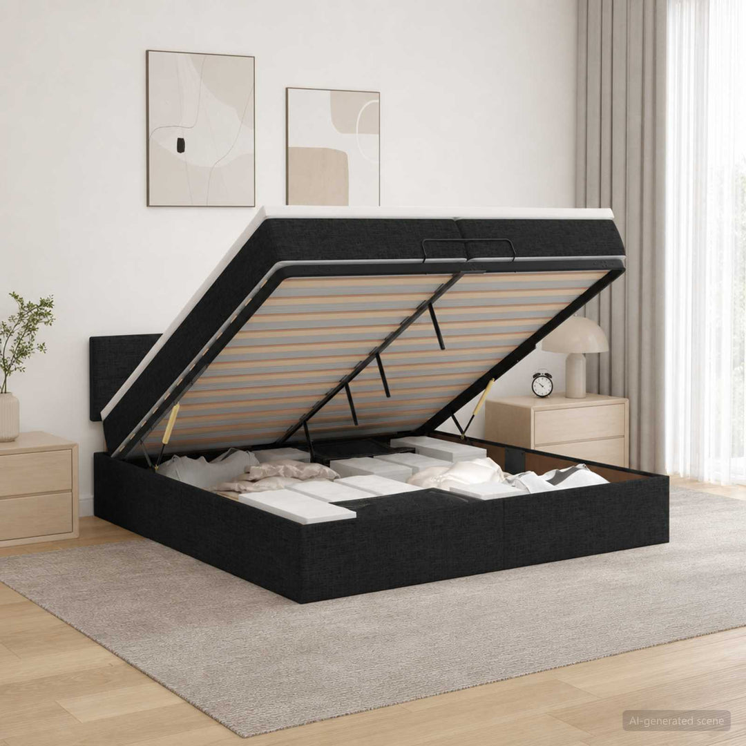 Ottoman seng med madras og LED Sort 200 x 200 cm Stof