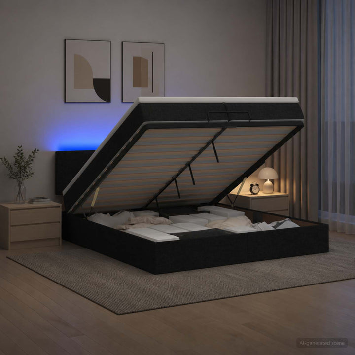 Ottoman seng med madras og LED Sort 200 x 200 cm Stof