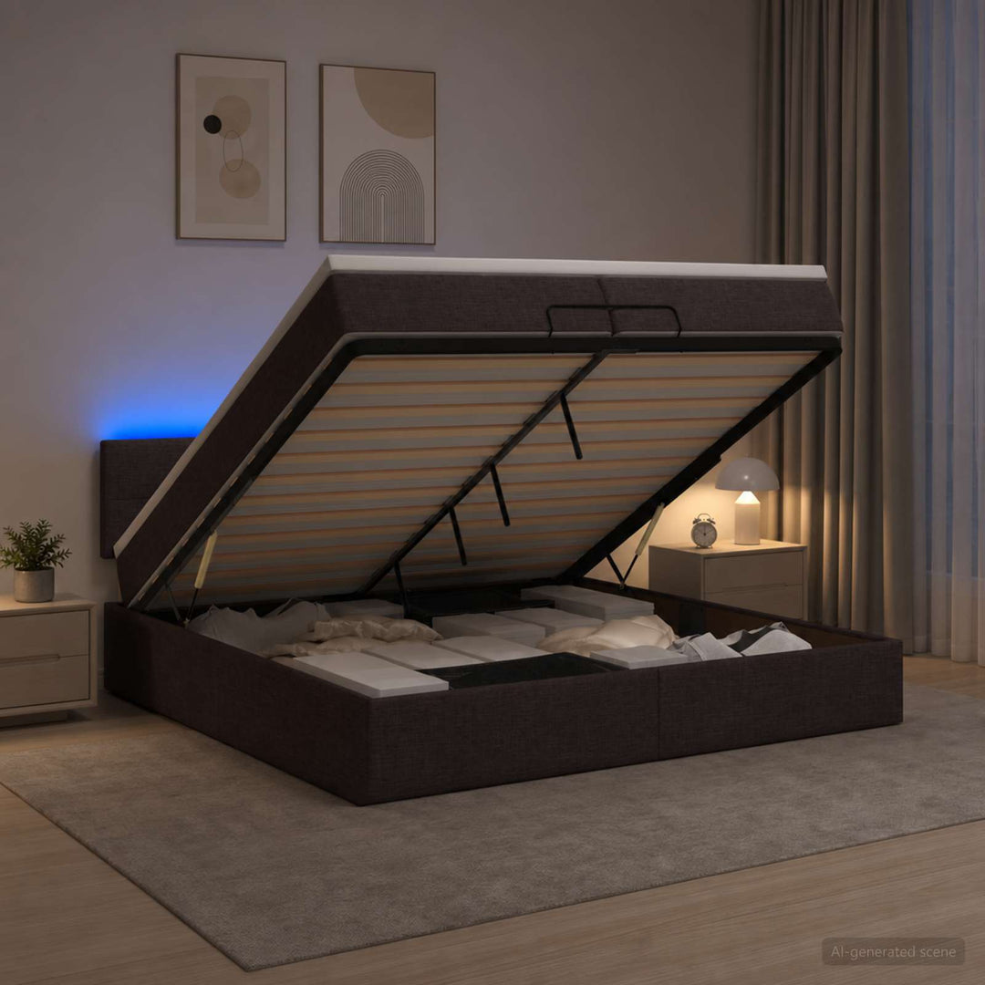 Ottoman seng med madras og LED Mørk Brun 200 x 200 cm Stof
