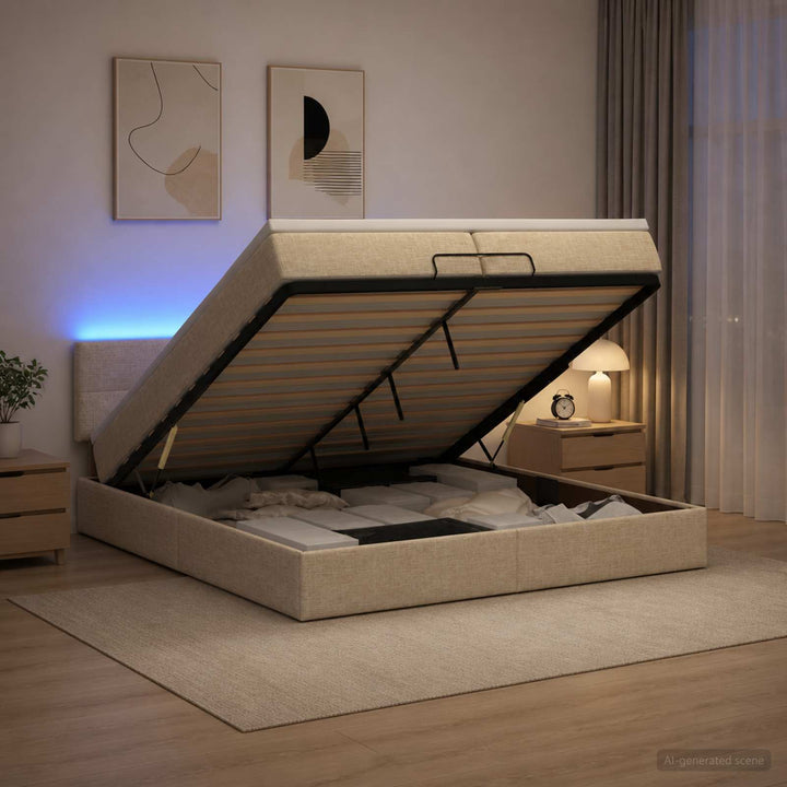 Ottoman seng med madras og LED Cremefarvet 200 x 200 cm Stof