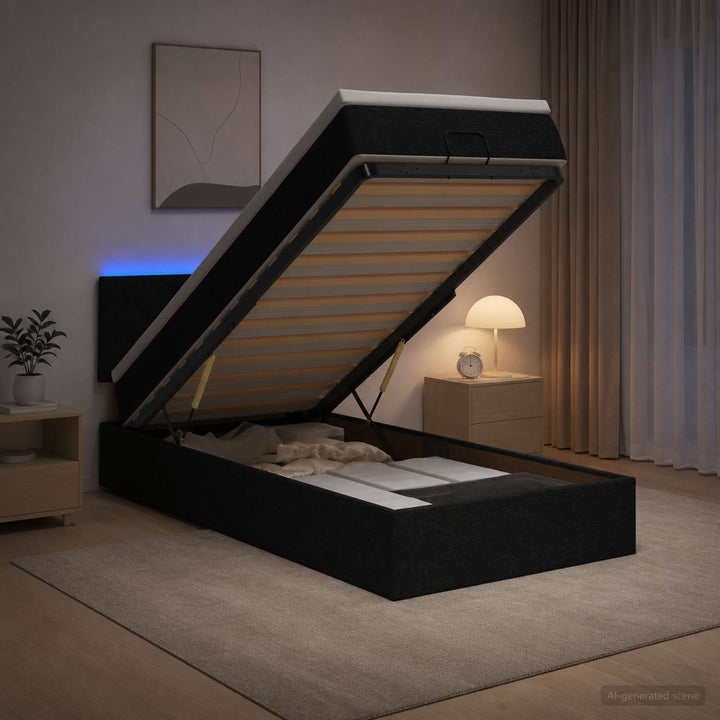 Ottoman seng med madras og LED Sort 90 x 190 cm Stof
