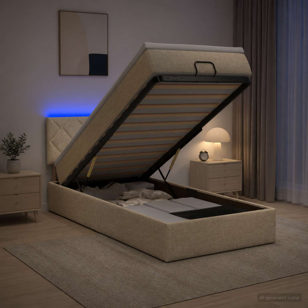 Ottoman seng med madras og LED Cremefarvet 90 x 190 cm Stof