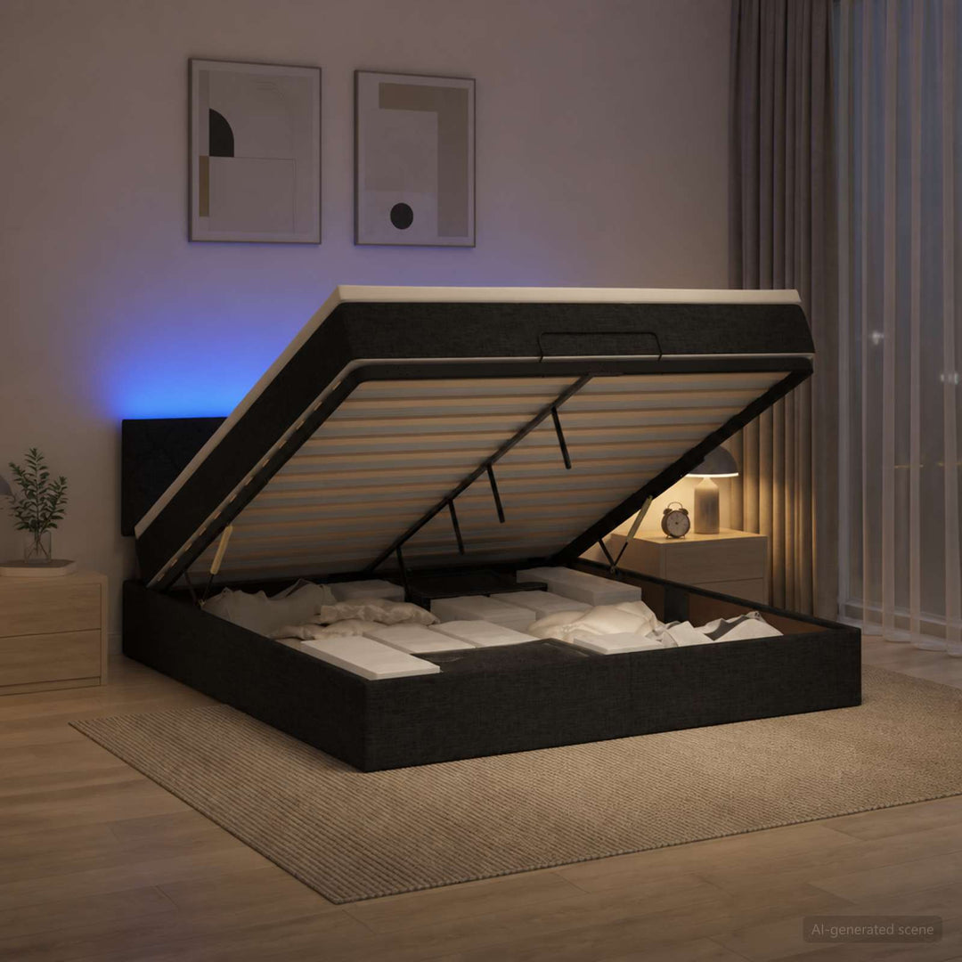 Ottoman seng med madras og LED Sort 160 x 200 cm Stof