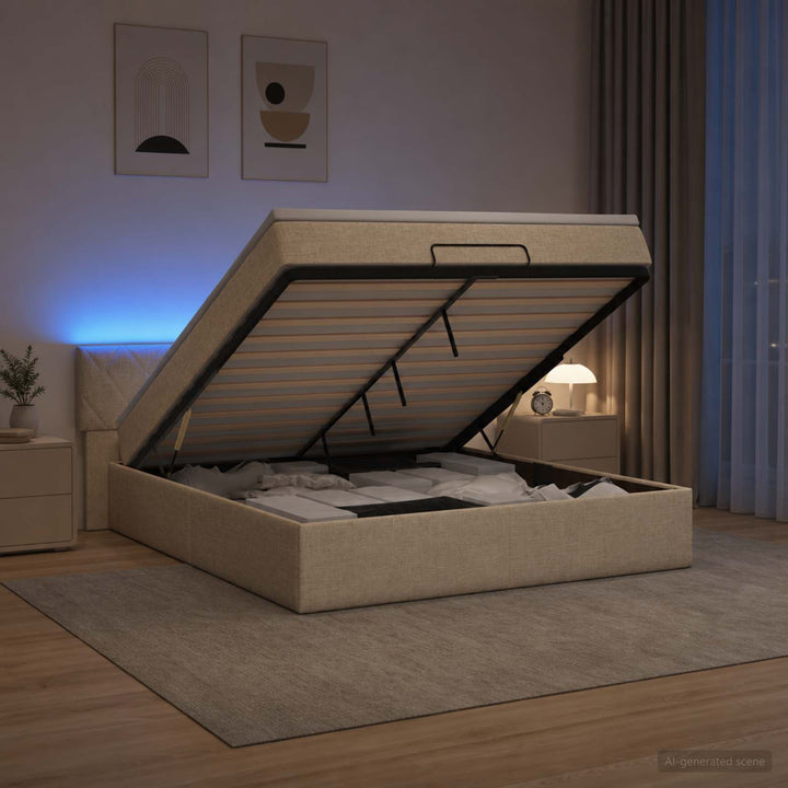 Ottoman seng med madras og LED Cremefarvet 140 x 190 cm Stof