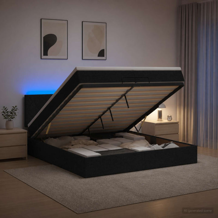 Ottoman seng med madras og LED Sort 200 x 200 cm Stof