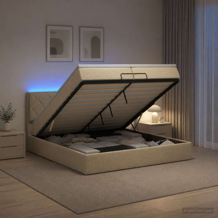 Ottoman seng med madras og LED Cremefarvet 200 x 200 cm Stof