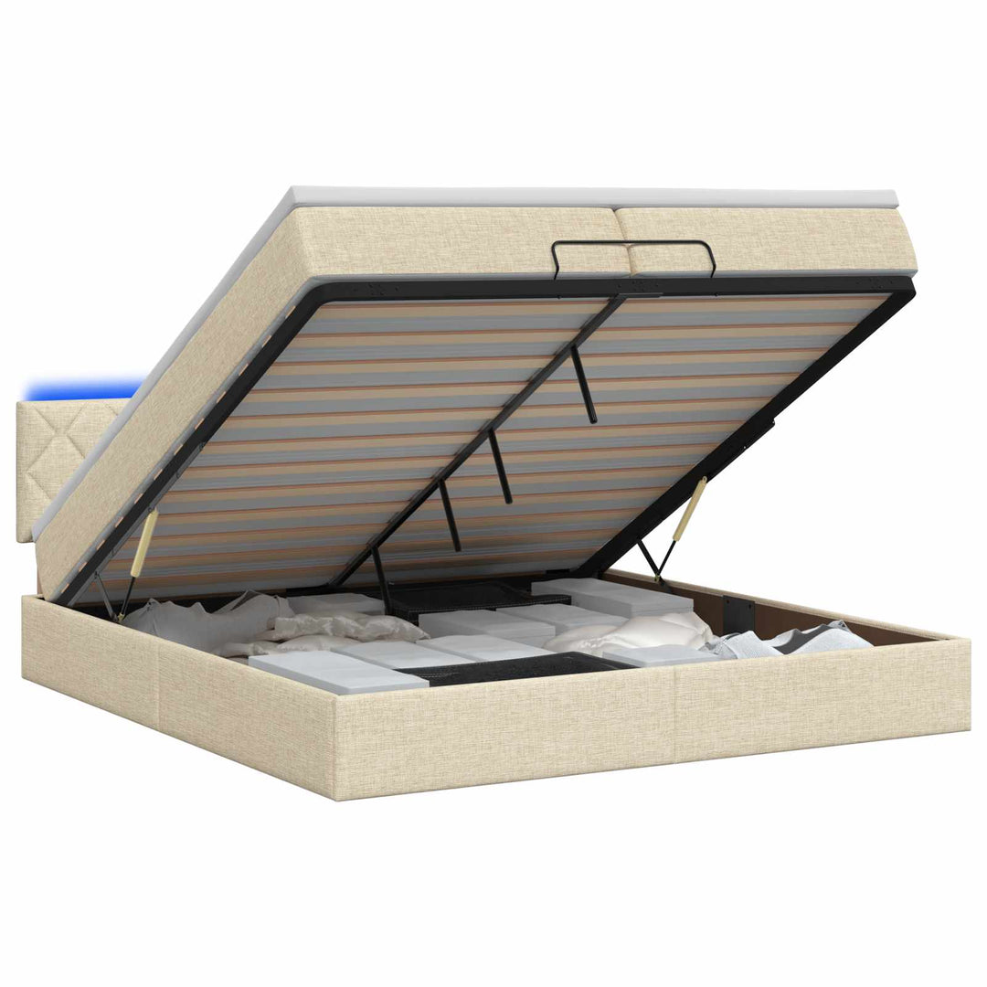 Ottoman seng med madras og LED Cremefarvet 200 x 200 cm Stof