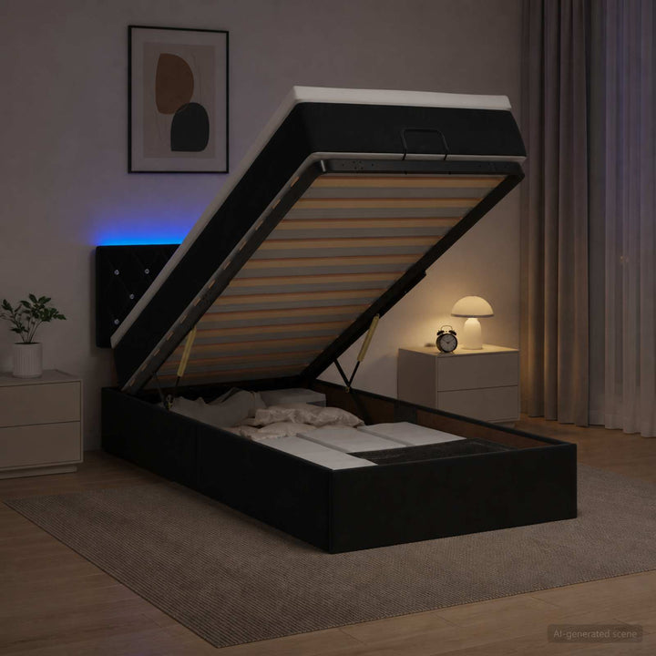Ottoman seng med madras og LED Sort 90 x 200 cm Velour