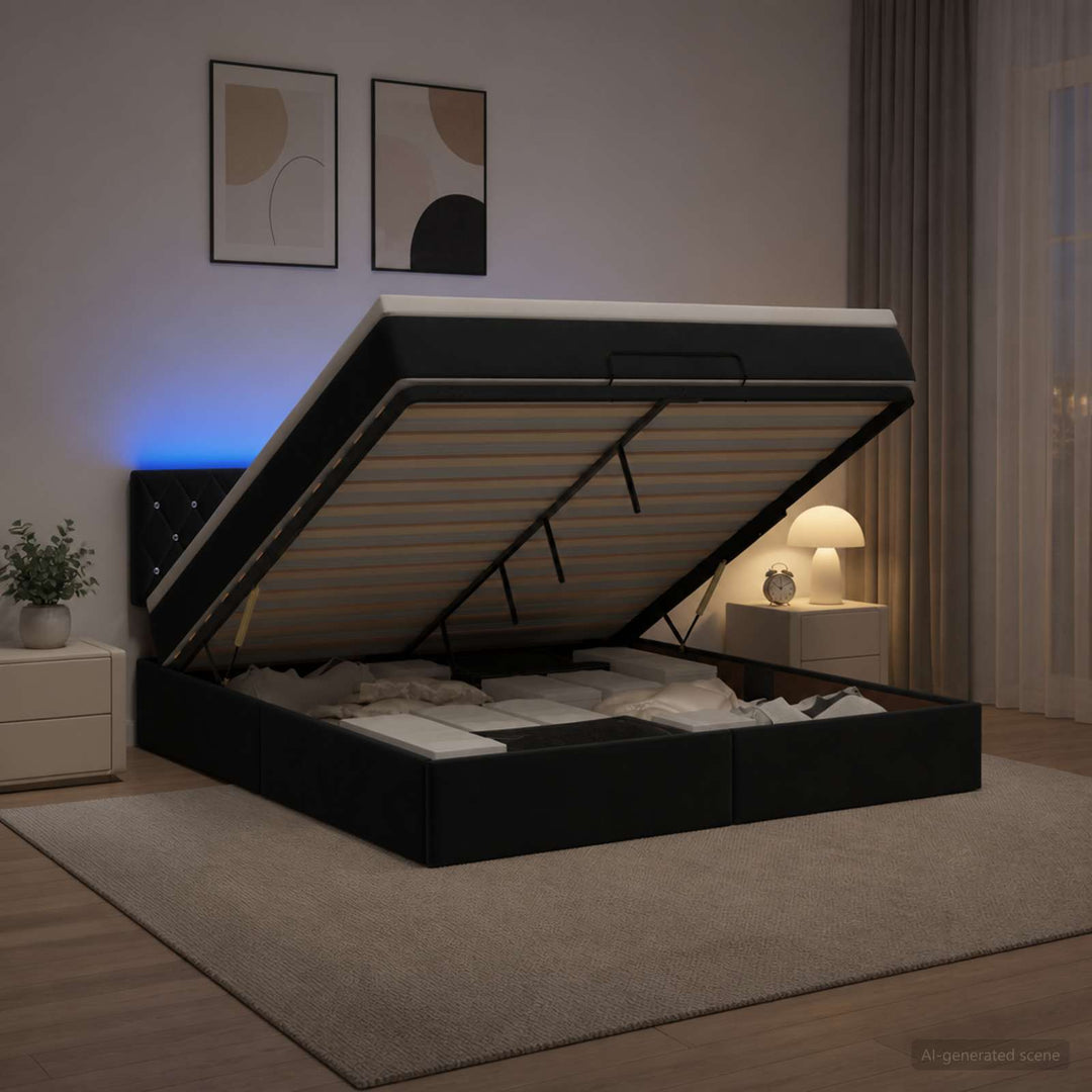 Ottoman seng med madras og LED Sort 180 x 200 cm Velour