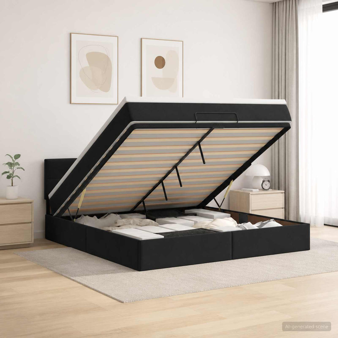 Ottoman seng med madras og LED Sort 180 x 200 cm Velour
