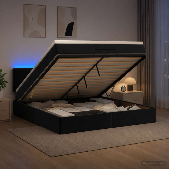 Ottoman seng med madras og LED Sort 140 x 190 cm Velour