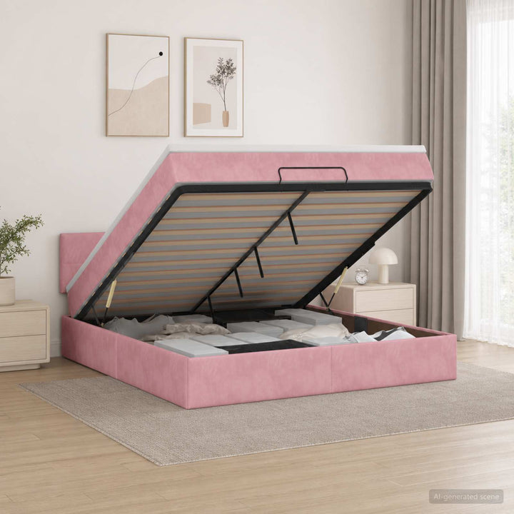 Ottoman seng med madras og LED Lyserød 140 x 190 cm Velour