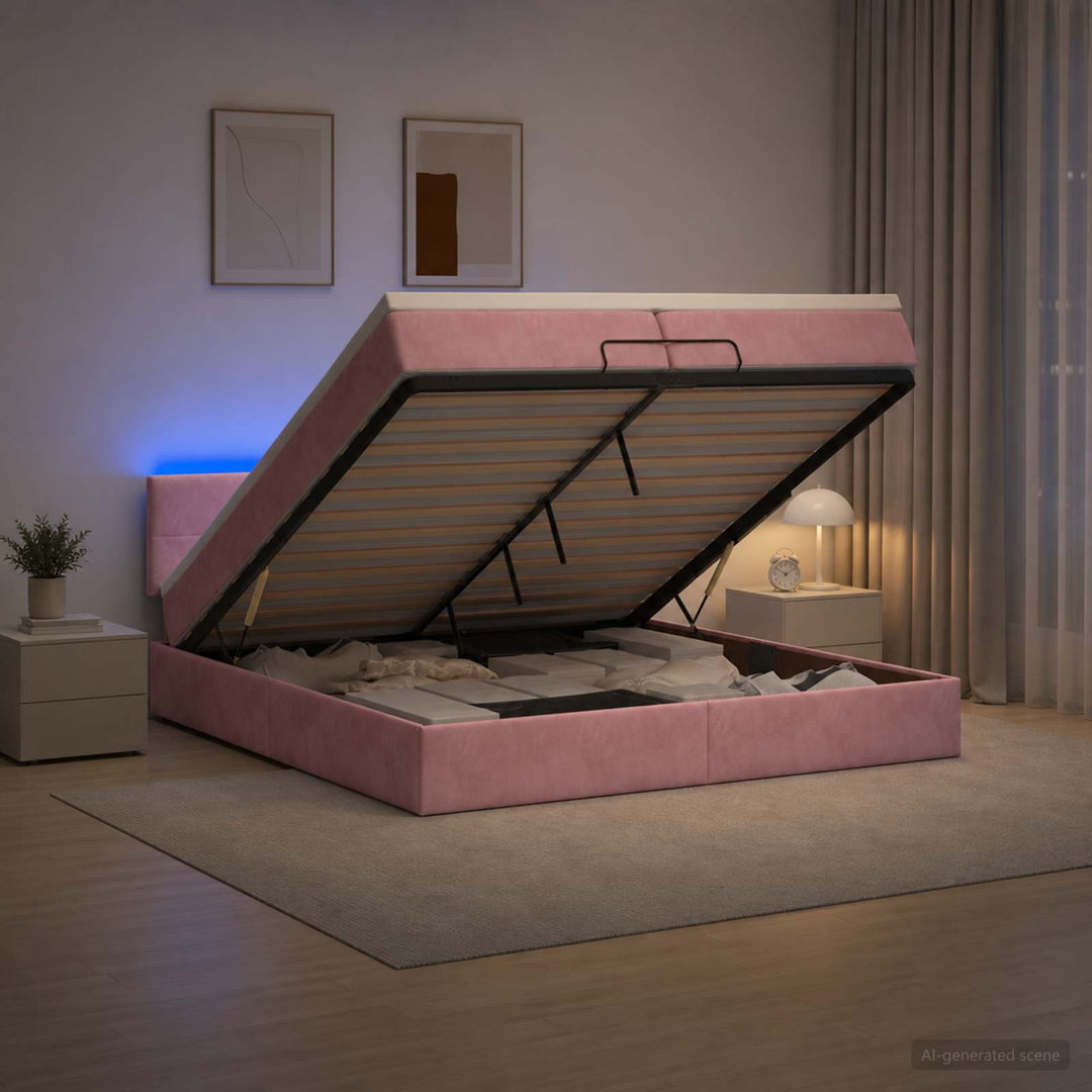 Ottoman seng med madras og LED Lyserød 200 x 200 cm Velour