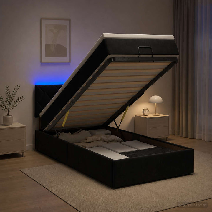 Ottoman seng med madras og LED Sort 80 x 200 cm Velour