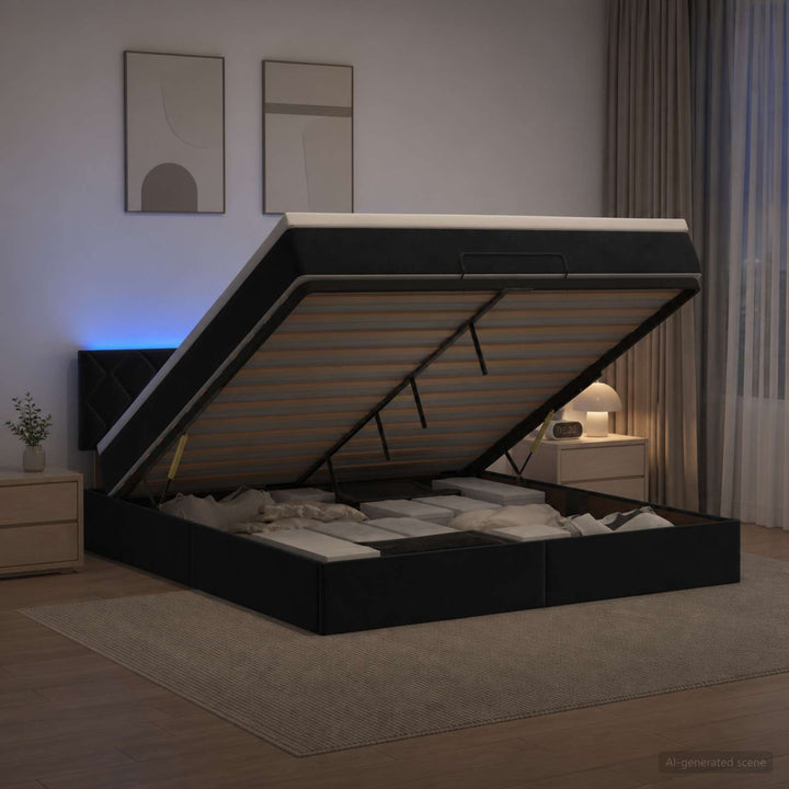 Ottoman seng med madras og LED Sort 140 x 190 cm Velour