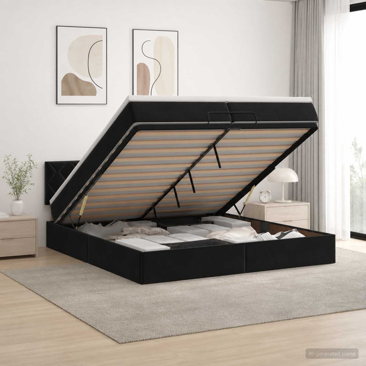 Ottoman seng med madras og LED Sort 200 x 200 cm Velour
