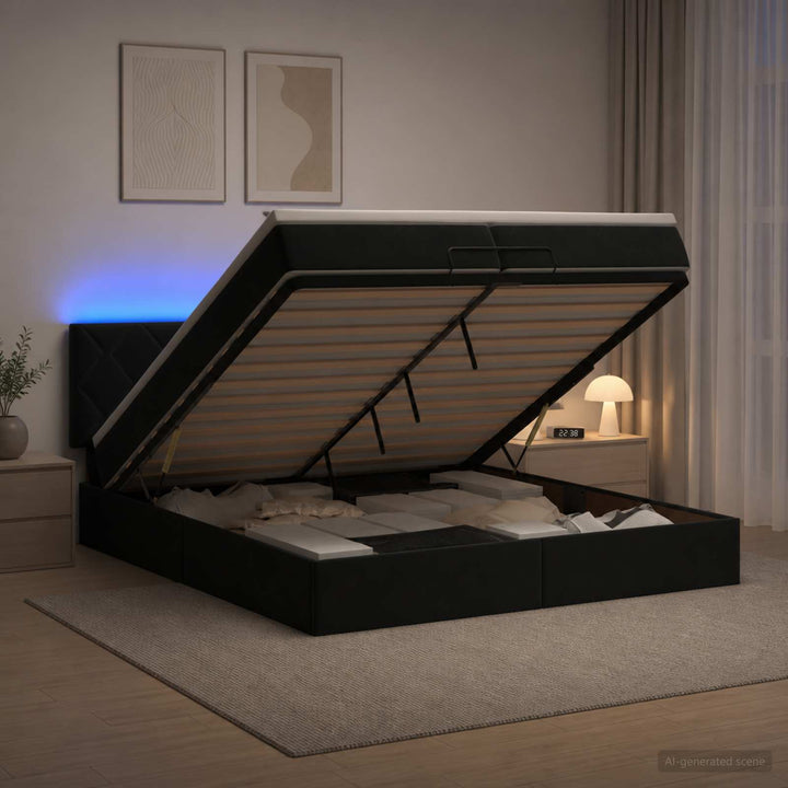 Ottoman seng med madras og LED Sort 200 x 200 cm Velour