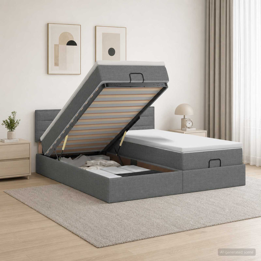 Ottoman seng med madras og LED Mørkegrå 200 x 200 cm Stof