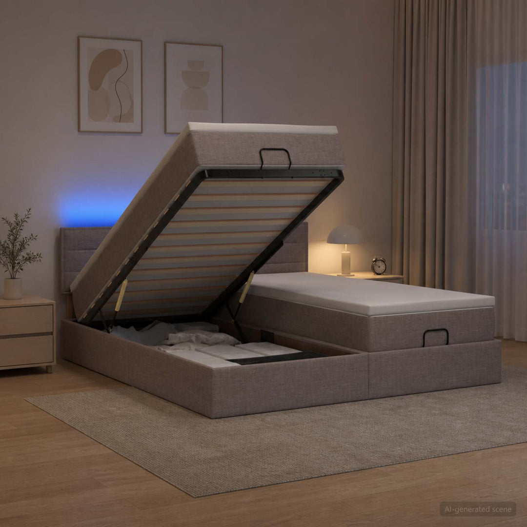 Ottoman seng med madras og LED Gråbrun 180 x 200 cm Stof