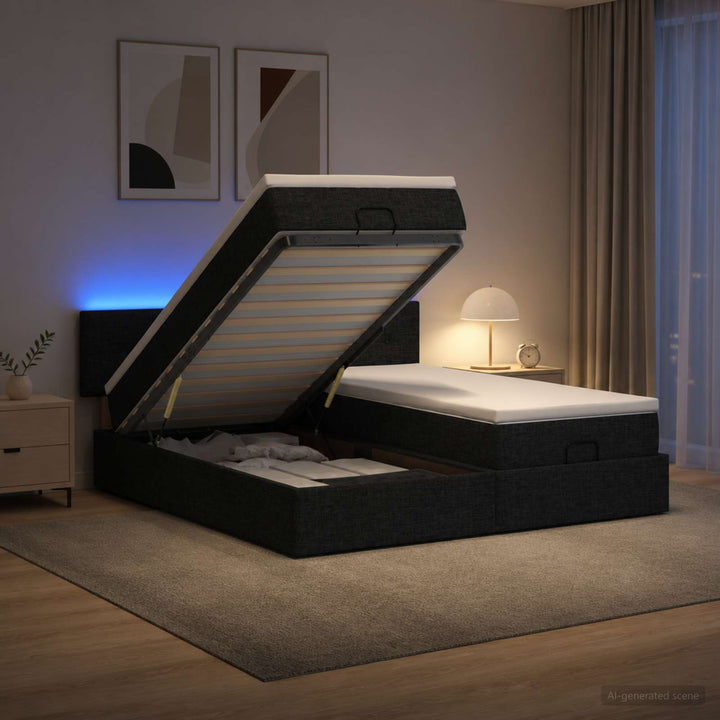 Ottoman seng med madras og LED Sort 200 x 200 cm Stof