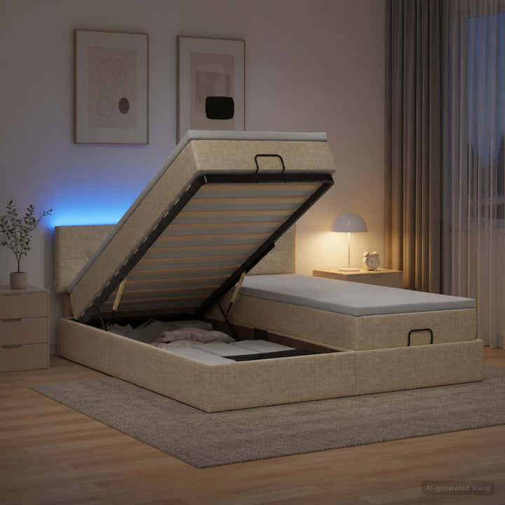 Ottoman seng med madras og LED Cremefarvet 200 x 200 cm Stof