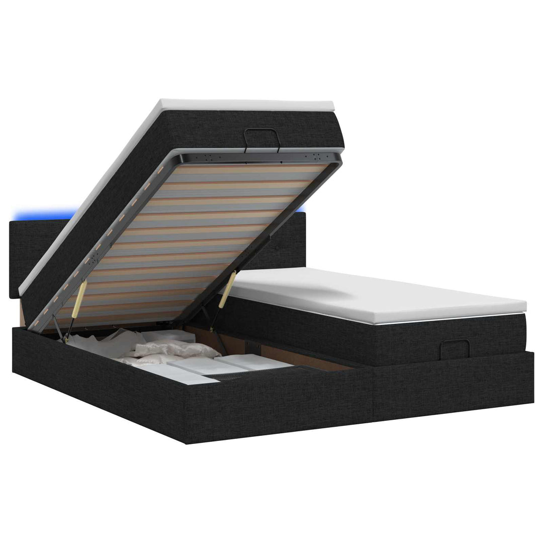 Ottoman seng med madras og LED Sort 200 x 200 cm Stof
