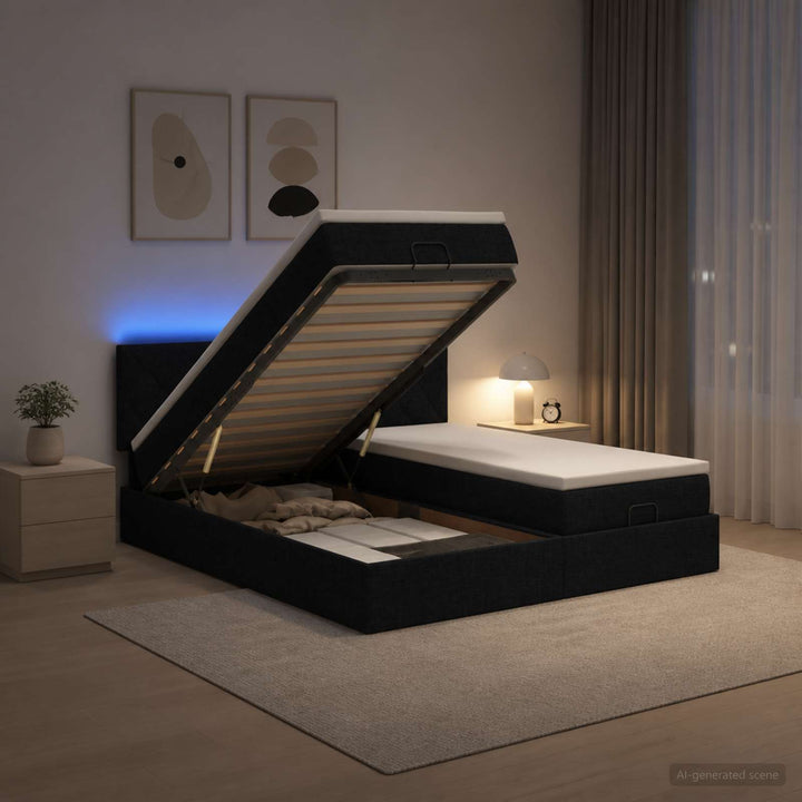 Ottoman seng med madras og LED Sort 180 x 200 cm Stof