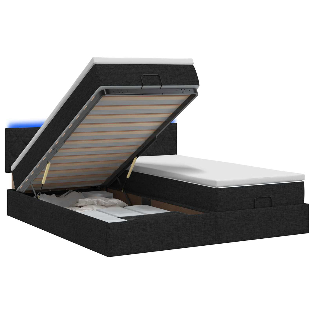Ottoman seng med madras og LED Sort 180 x 200 cm Stof