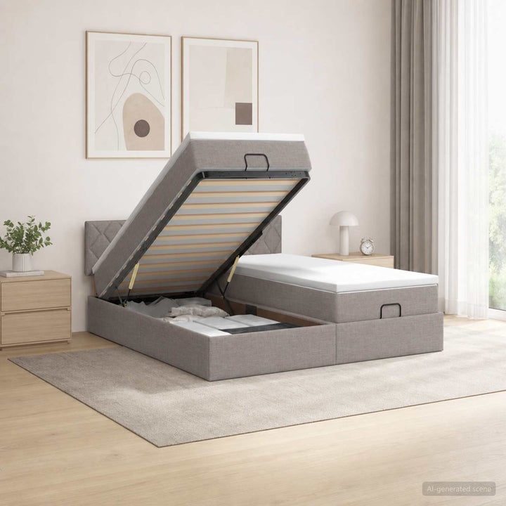 Ottoman seng med madras og LED Gråbrun 200 x 200 cm Stof