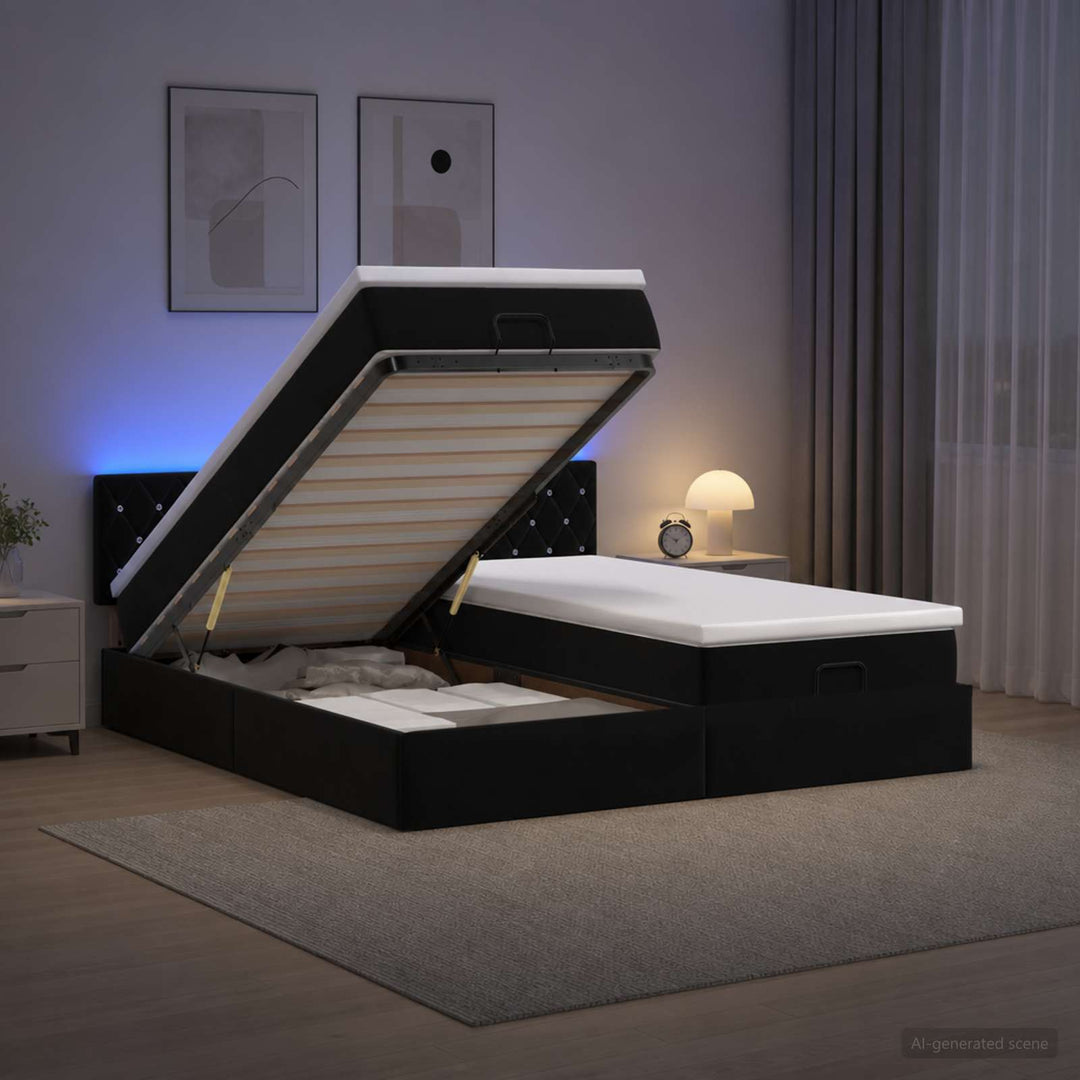 Ottoman seng med madras og LED Sort 200 x 200 cm Velour
