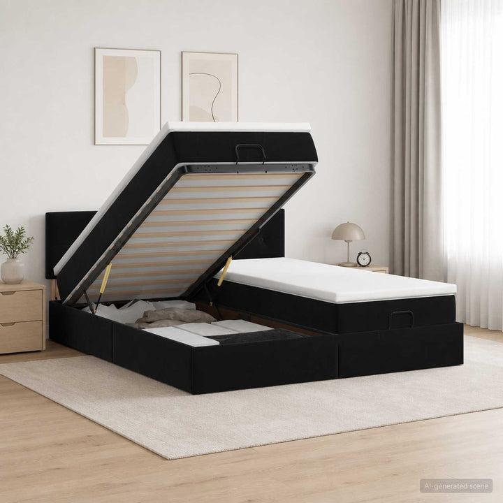 Ottoman seng med madras og LED Sort 200 x 200 cm Velour