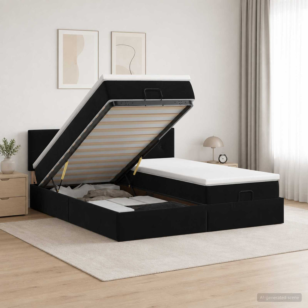Ottoman seng med madras og LED Sort 180 x 200 cm Velour