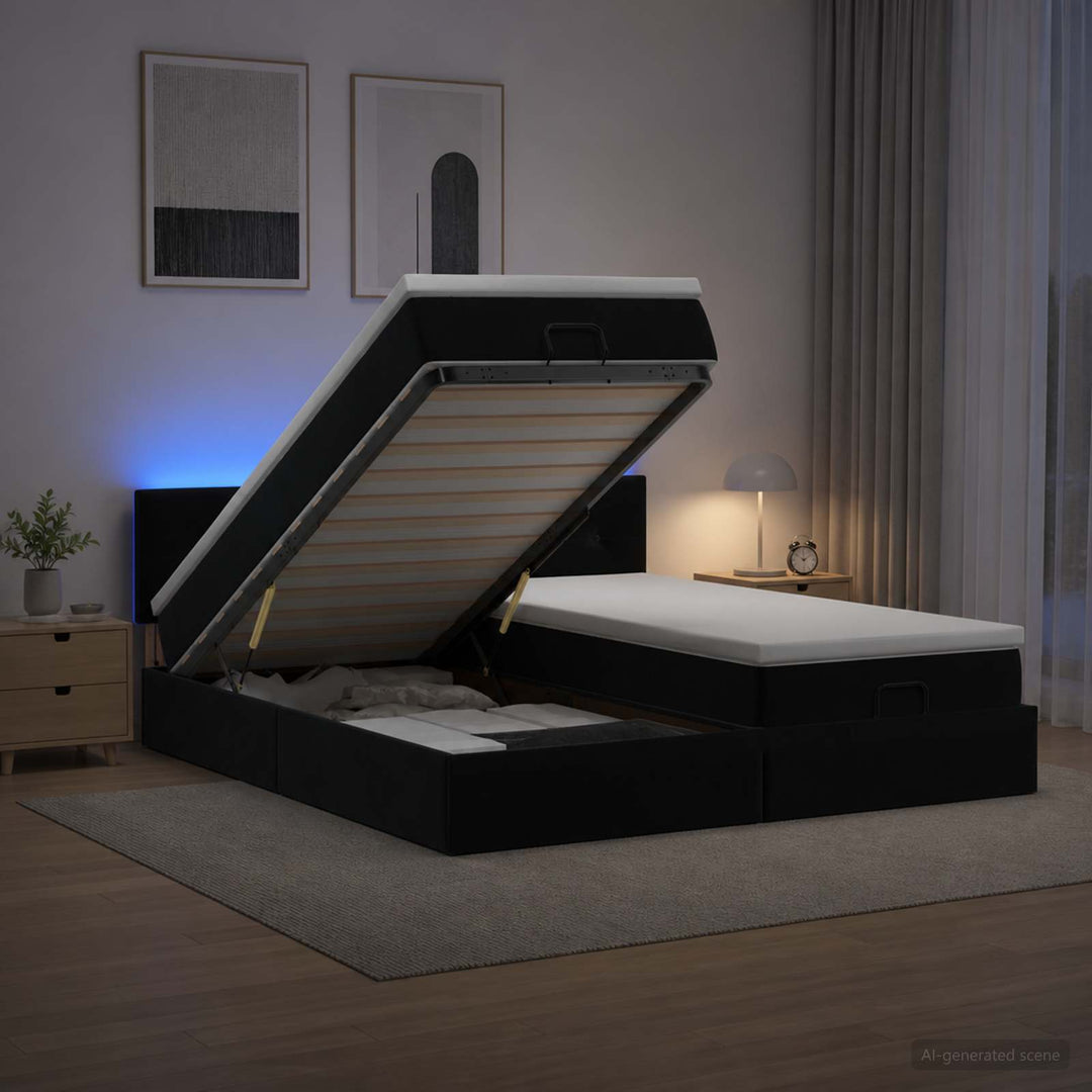 Ottoman seng med madras og LED Sort 180 x 200 cm Velour