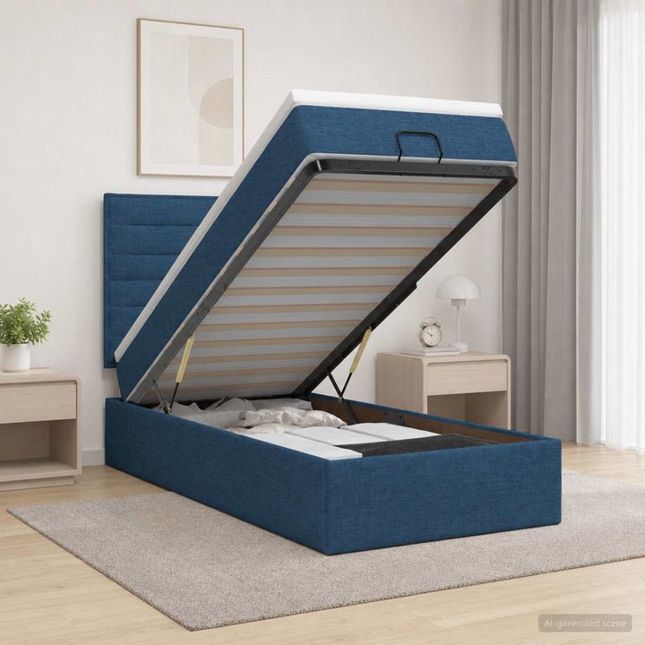 Ottoman seng med madras og LED Blå 90 x 190 cm Stof