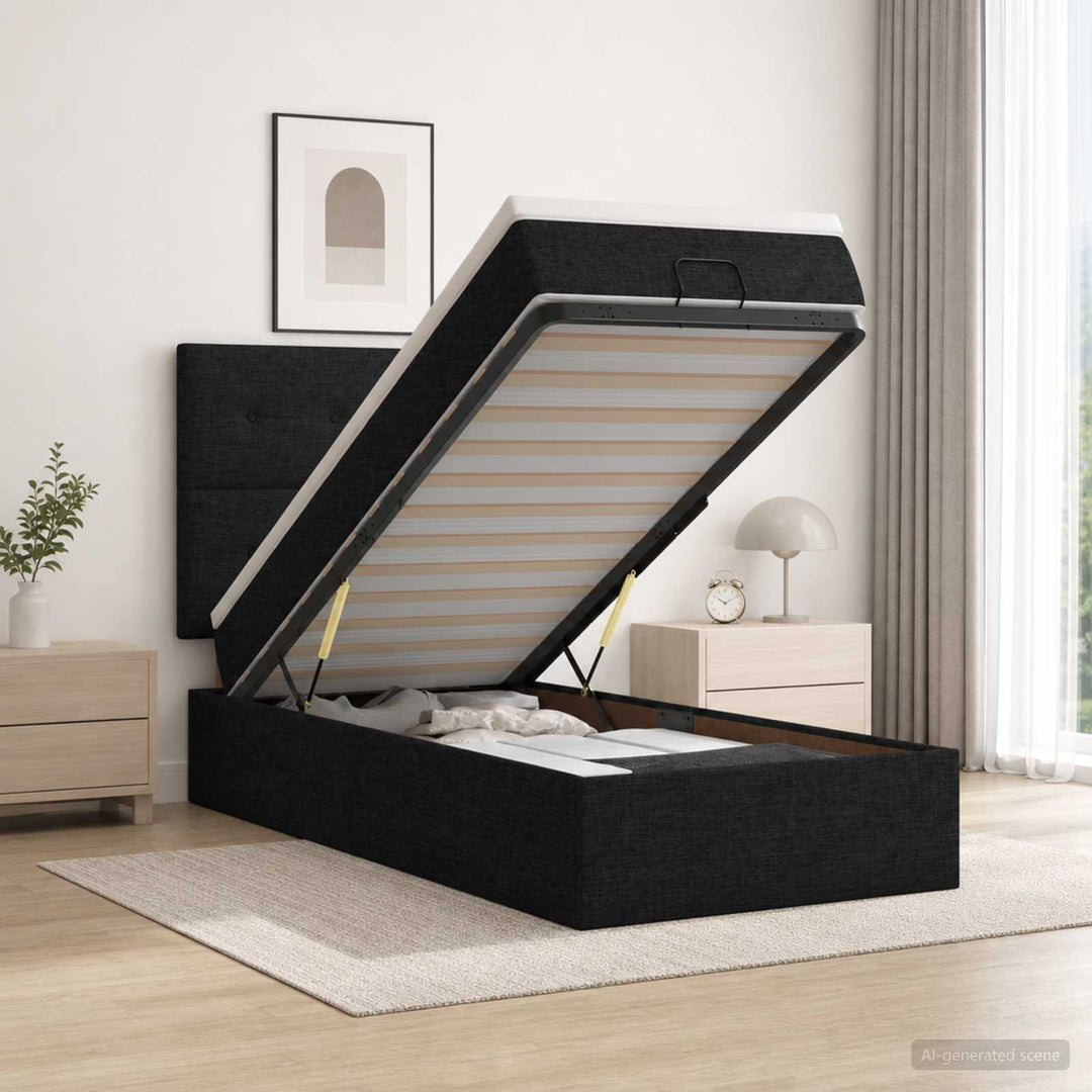 Ottoman seng med madras og LED Sort 90 x 190 cm Stof